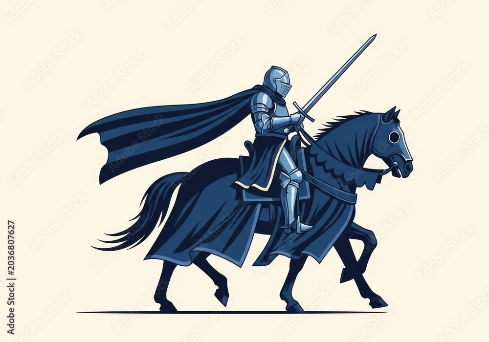 Obraz premium Medieval knight in armor riding a dark charger horse.