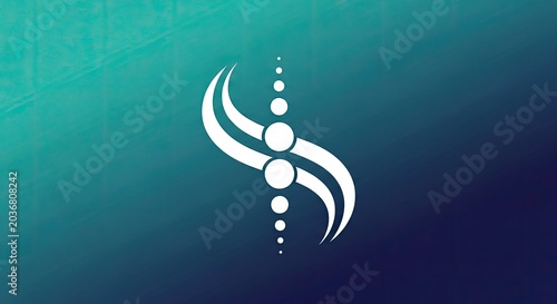 White abstract wave logo with dots on teal background.