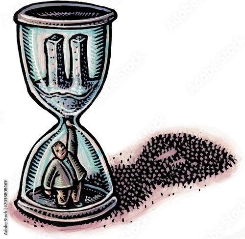 man in bottom of hourglass puts finger up to plug hole, above is sand in shape of twin towers