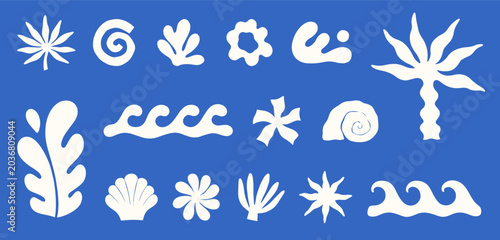 Tableau sur toile Surf elements set with abstract waves,seashells,palm tree,coral,organic tropical shapes and forms