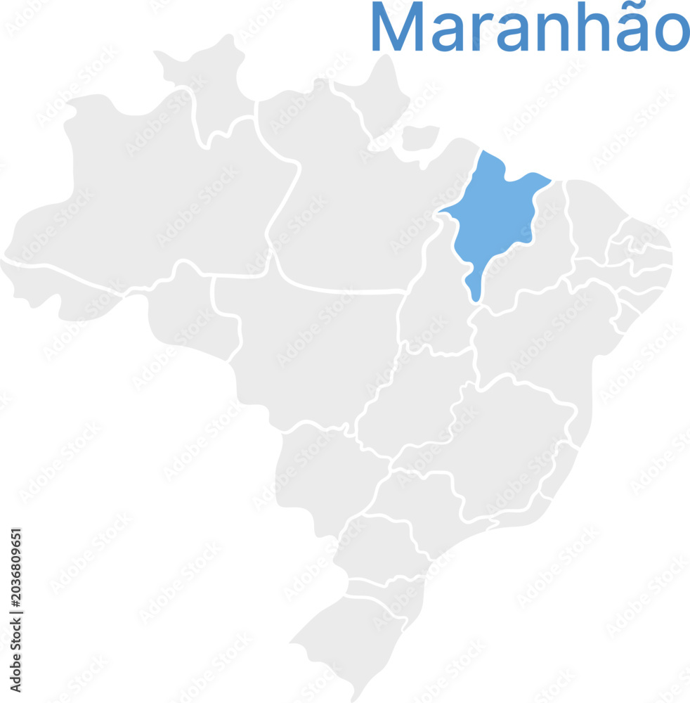 Fototapeta premium Maranhão state highlighted map on Brazil map, minimalist flat design, grey and blue infographic vector element