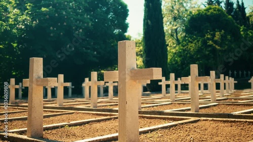 Sunlit Cemetery Crosses Honoring Memorial Day Sacrifice