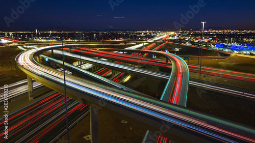Photography Aerial Night Highway Interchange With Light Trails And Las Vegas Cityscape