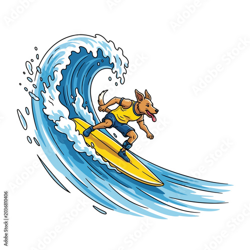 Photography Anthropomorphic dog skillfully surfing a large ocean wave.