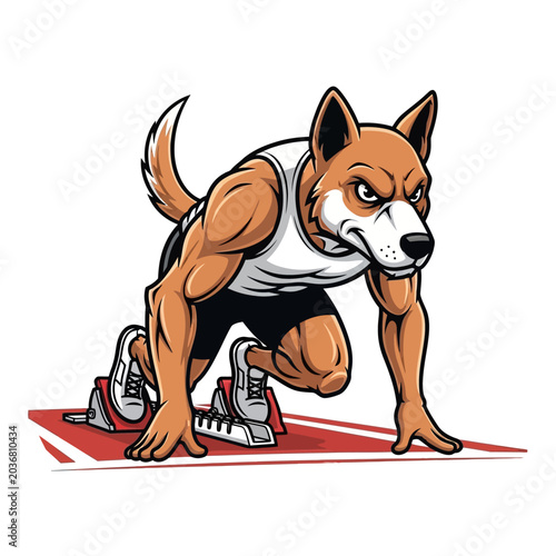 Obraz na plátně Anthropomorphic dog athlete in starting blocks ready to race.