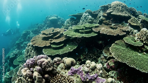 Diverse marine life inhabits a colorful coral reef structure under the clear blue ocean water with sunlight filtering from the surface.