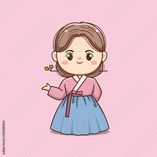 Cute Korean Girl Wearing Traditional Hanbok Cartoon Illustration