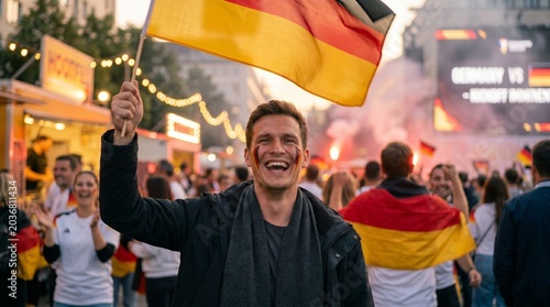 Young caucasian male celebrating at german football event with flag and crowd