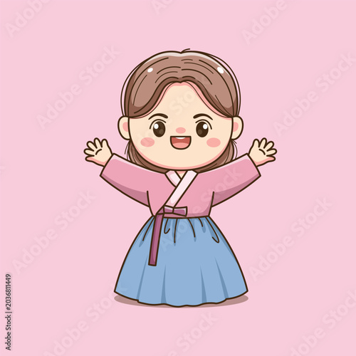 Cute Korean Girl Wearing Traditional Hanbok Cartoon Illustration