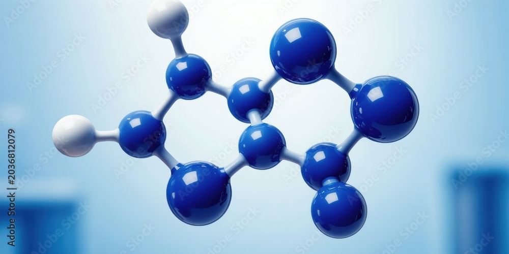 Obraz premium 3D render of a blue molecule structure with white atoms. Shows chemical bonds and atomic arrangement, perfect for science or medical topics.