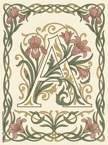 Floral letter A in ornate vintage Art Nouveau style