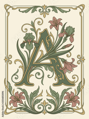 Floral letter A in vintage Art Nouveau ornamental style