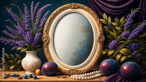 ornate oval vintage frame with pearls flowers for elegant invitations