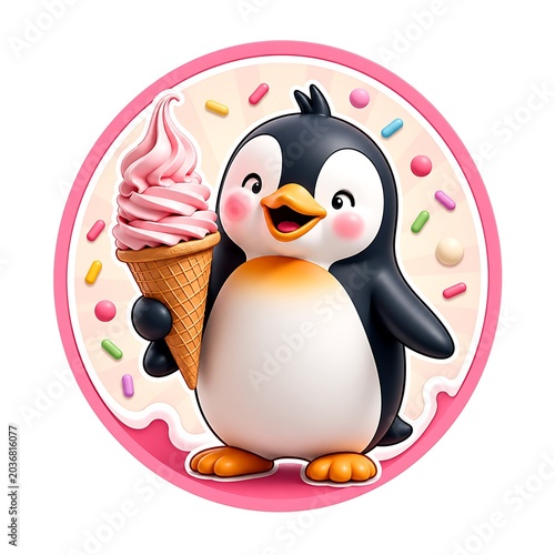 cute penguin mascot holding ice cream cone with pink circle backdrop