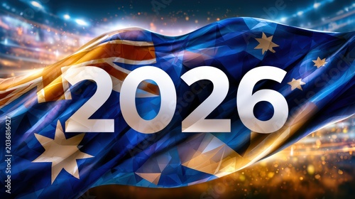 Australia 2026 Flag with Shiny Text Over Stadium Background