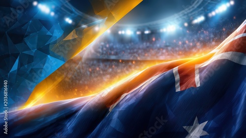 Waving Australian and Ukrainian Flags with Stadium Lights Background
