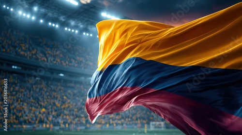 Waving Colombian Flag in a Stadium During a Sporting Event