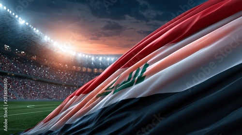 Waving Iraqi Flag Overcrowded Sports Stadium During Championship Event
