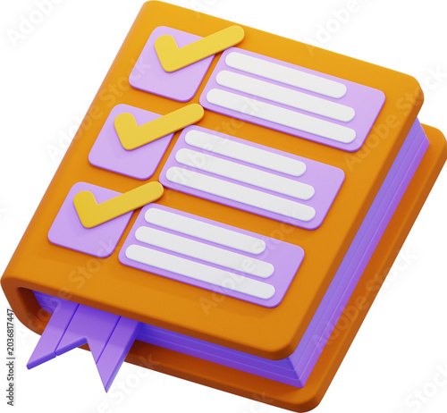 Exam Paper Book 3D icon. orange open book with lined paper pages and checklist items visible. used for exam preparation and study guide. education and academic assessment element