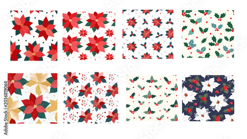 A set of eight seamless vector patterns featuring Christmas poinsettias, holly leaves, and red berries. Includes red, white, and gold poinsettia variations with clean holiday botanical motifs. 