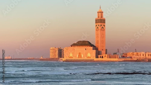 Hassan II Mosque in Casablanca illuminated at golden sunset