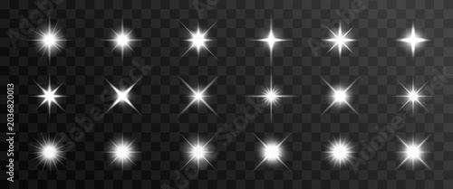 Vector set of bright starburst effects on a transparent background.