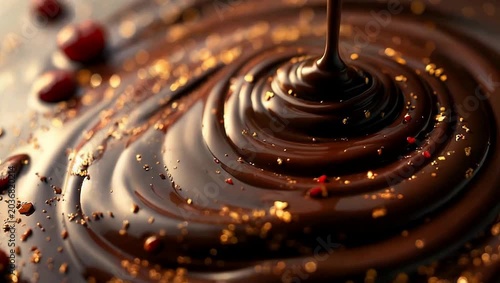 Close up of luxury flowing dark chocolate texture with sparkling golden particles
