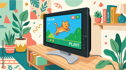 Child playing an educational cat-themed computer game on a desktop computer in a cozy room with plants and books