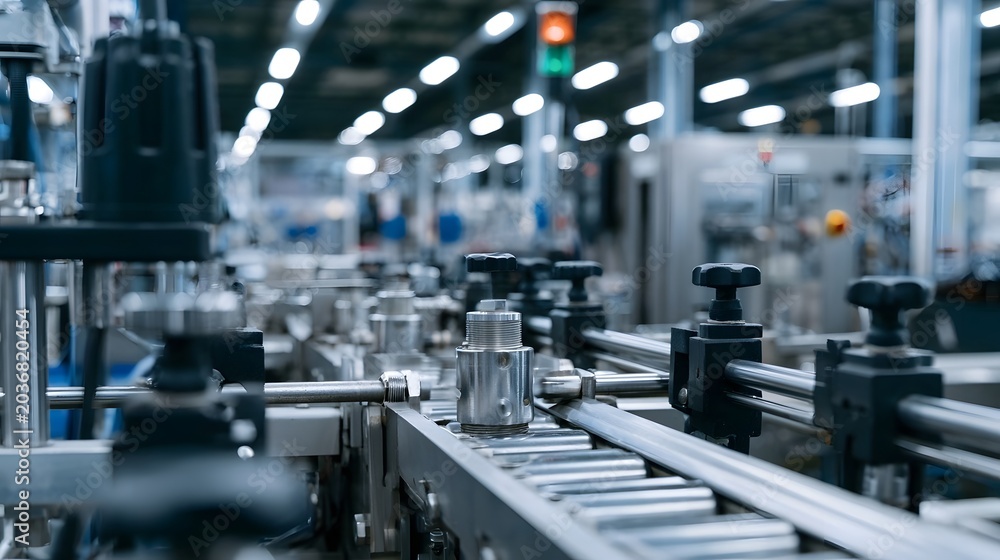Fototapeta premium A detailed close up of an automated industrial production line featuring metal hinery and bright factory lighting