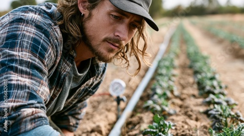 Farm worker inspecting drip irrigation system on young vegetable farm