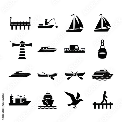 Fotografía Nautical Icons Set: Boats, Ships, Lighthouse, Pier, Fisherman, Seagull