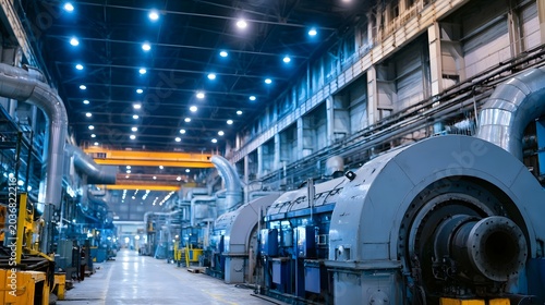 A long industrial corridor featuring large metal pipes and structural elements within a brightly lit factory setting