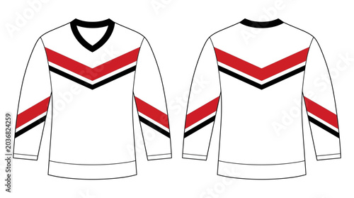 Blank hockey jersey template with front and back views, featuring a dynamic striped design for team sports apparel customization