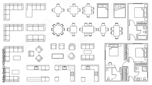 Top-down view vector icons of various home furniture arrangements and detailed room architectural plans for interior design concepts