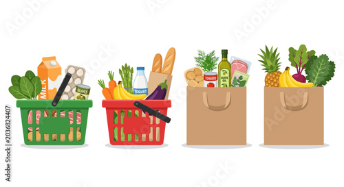Konstfotografi Assortment of groceries in shopping baskets and paper bags