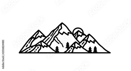 Minimalist black and white line art illustration of a mountain range with sun and pine trees. Outdoor adventure landscape concept.
