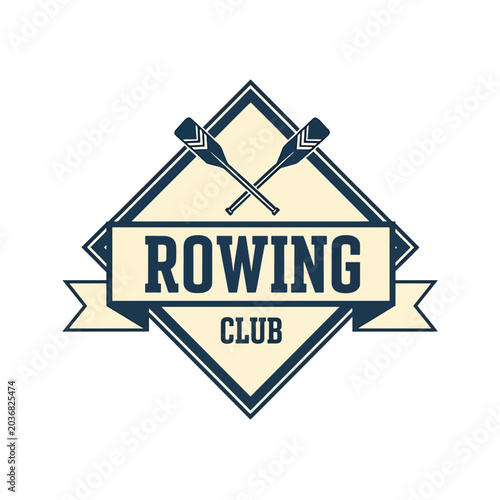 Vintage style rowing club emblem with crossed oars and ribbon banner.