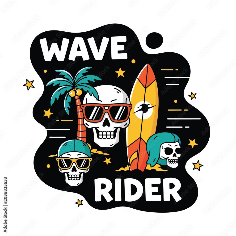 Obraz premium Wave Rider Surfing Themed Skull Illustration with Surfboard and Palm Tree.