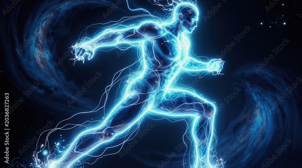 Obraz premium Human body glows with blue electric energy. Sparks fly around figure in motion. Represents vital force, bioelectricity, health, and future tech concepts.