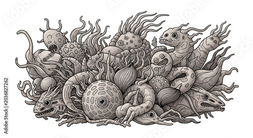 Intricate monochrome illustration of diverse alien and fantasy creatures, microscopic organisms, and surreal life forms.