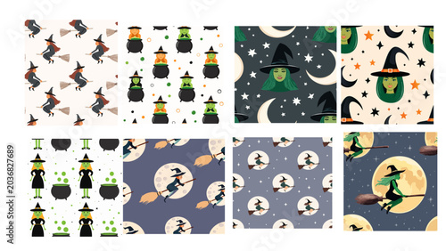 A set of eight seamless vector patterns featuring witches with green skin and black hats, witches flying on broomsticks, witches with cauldrons, and witches with moons and stars. Clean Halloween illus