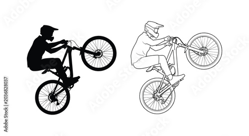 Mountain Biker Silhouette And Line Art On White Background