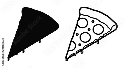 Pizza Slice Silhouette And Line Art On White Background