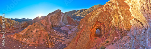 Εκτύπωση καμβά Aerial Panorama Sunburst Over Colorful Anniversary Mines Tunnel and Desert Hills