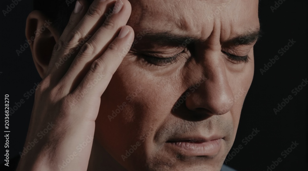 Fototapeta premium Man rubs temple, eyes closed, with furrowed brow suggesting pain or deep thought. Close up on troubled face, dark background, mood is serious and intense.