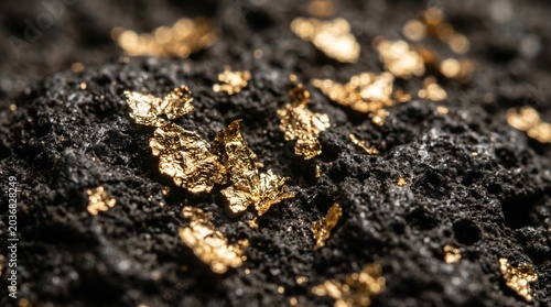 Macro shot of raw gold flakes and nuggets on dark volcanic rock, precious metal ore texture