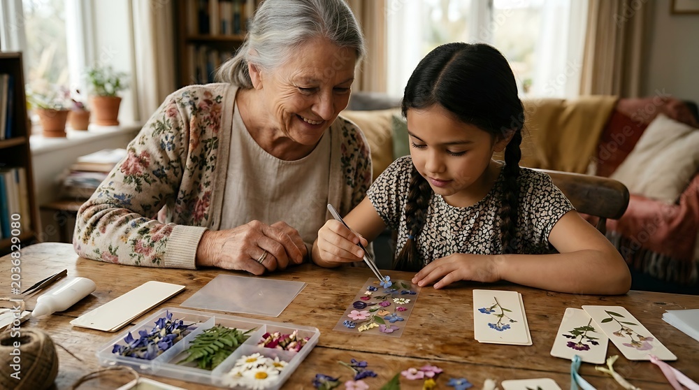 Fototapeta premium A grandmother and her granddaughter crafting with pressed flowers at a wooden table