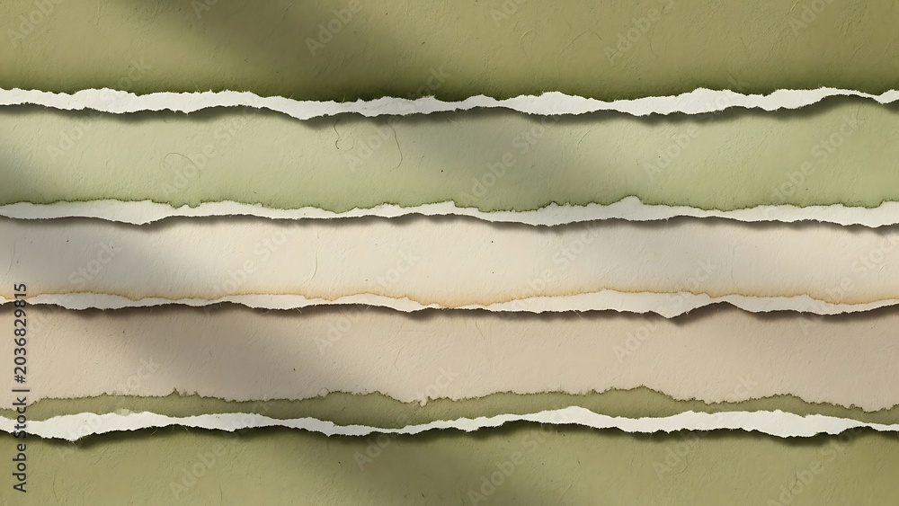 Naklejka premium Abstract background with layered torn paper strips in shades of olive green, beige, and cream, featuring rough edges and soft shadows for a textured, organic look