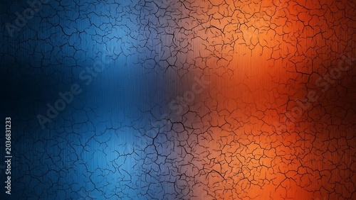 Abstract background with a cracked texture and a gradient transition from blue to orange, representing a contrast between hot and cold elements on a metallic surface