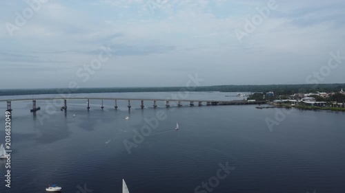 Drone shot panning of sail boats in Palatka Florida
